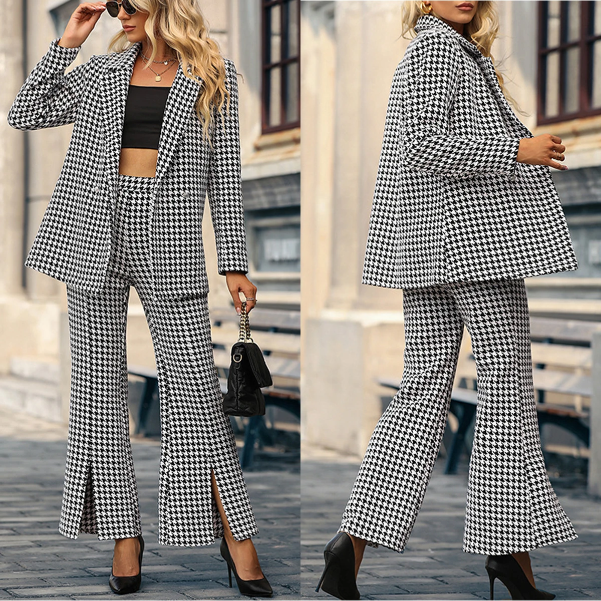 Winter Plaid Women Suits Custom Made Office Lady Fashion Long Sleeve V Neck Oversized Blazer Wide Leg Pants 2 Pieces