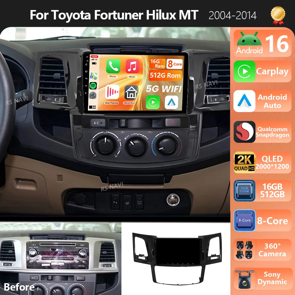 Radio Multimedia para Auto con Android 16, Plug and Play, para Toyota Fortuner Hilux Revo Vigo 2005-2007, Carplay 2K, Reproductor Multimedia, Autoradio, Estéreo
