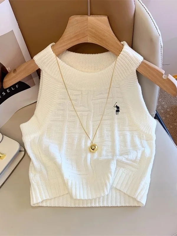 

Embroidered Ice Silk Knitted Summer Vest Women's ort Svel Top Ne Hanging Design Faionable Commute Sle Slim Fit
