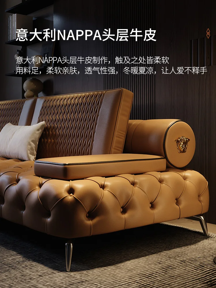 Light luxury leather sofa with cowhide top layer, modern minimalist straight row sofa, four person living room