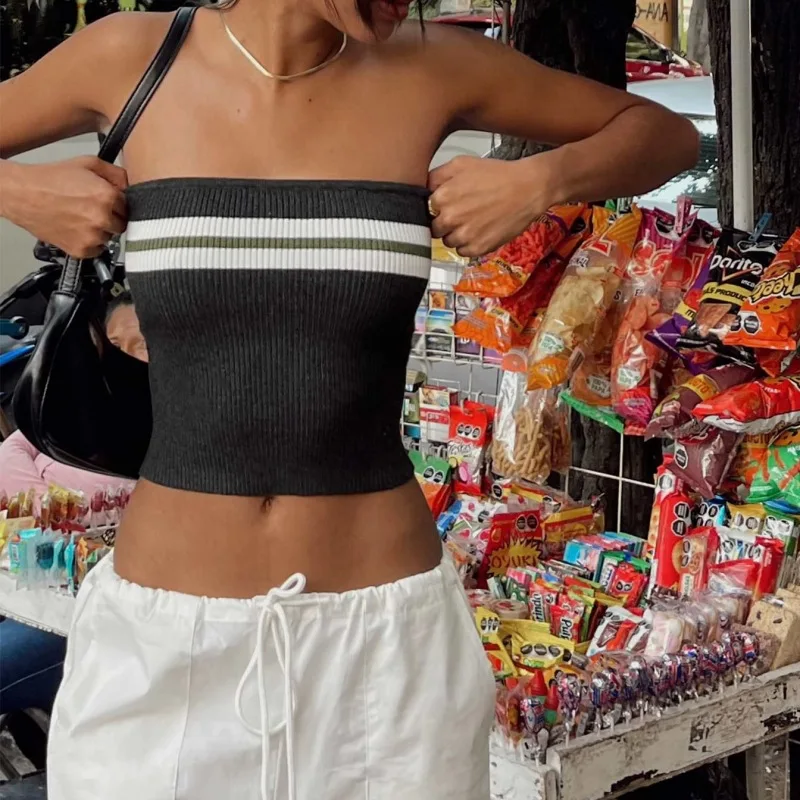 

2025 Summer New Ins Sexy Knitted Chest-wrapped Top Female Contrasting Color Striped Top Hot Girls Wear Tight Outside