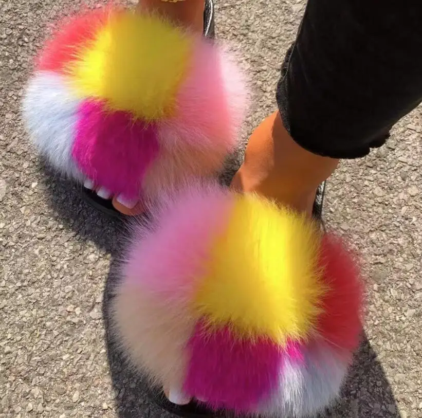 Lady Pretty Fur Slides Brand Designer Summers Saucy Flat Sandals Big Fur Slippers Furry Sandals Fly Hawaii Holiday Beach Slides