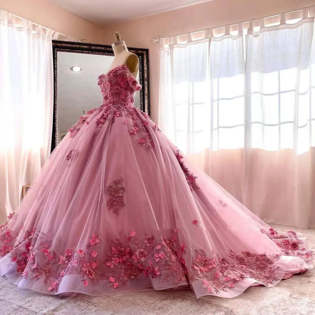 New Pink Quinceanera abiti 3D Appliques perline paillettes Sweetheart Handmade Flower Ball Gowns Vestidos De 15 aecos