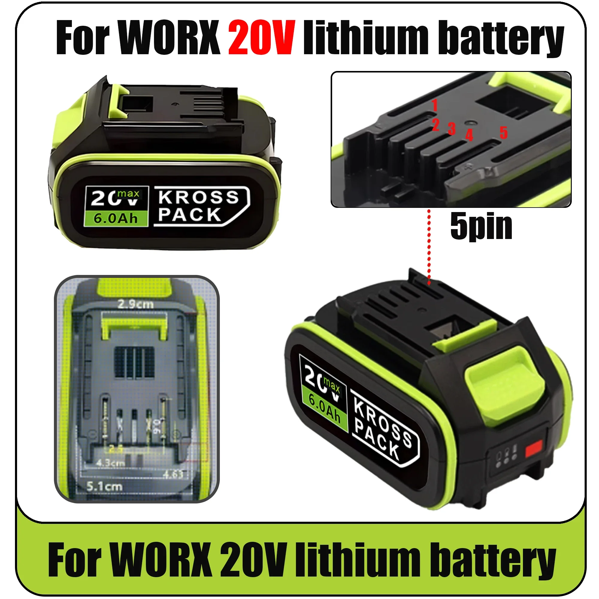 100% NEW WORX Green Battery 20V 6.0 Ah/8.0 Ah Li-ion Battery Charger Suitable for Worx ROCKWELL Products Power Tools