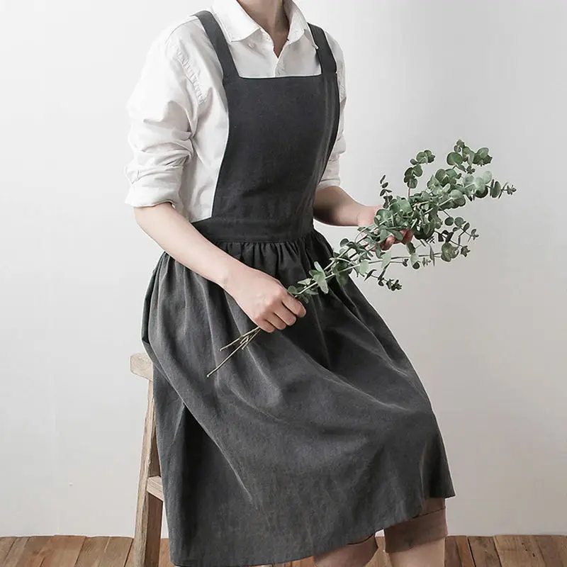 Solid Apron Japanese Retro Forest Style Apron Studio Floral Pleated Skirt With Lace Up Cotton Linen Artistic Work Clothes ZE781