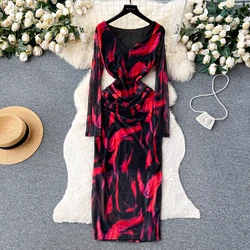 Sexy Backless High Waist Vneck Long Sleeve Tie Dye Mesh Dress Fairy Casual Dress Beach Vacation Vestidos Women Dress