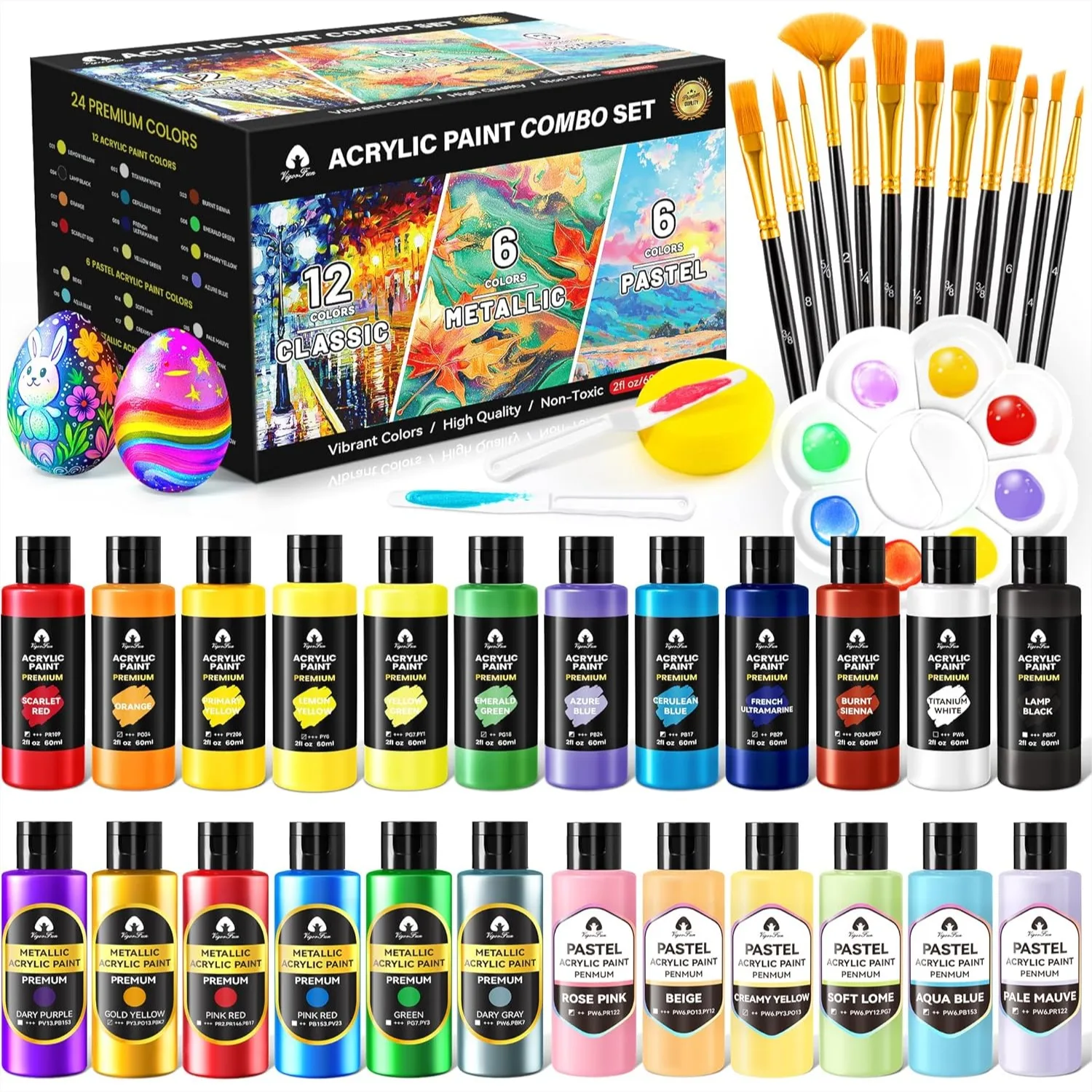 

40-Piece Acrylic Paint Set with Brushes, Knives & Palette, 24 Colors 60ml for Adults Kids Artists Beginners