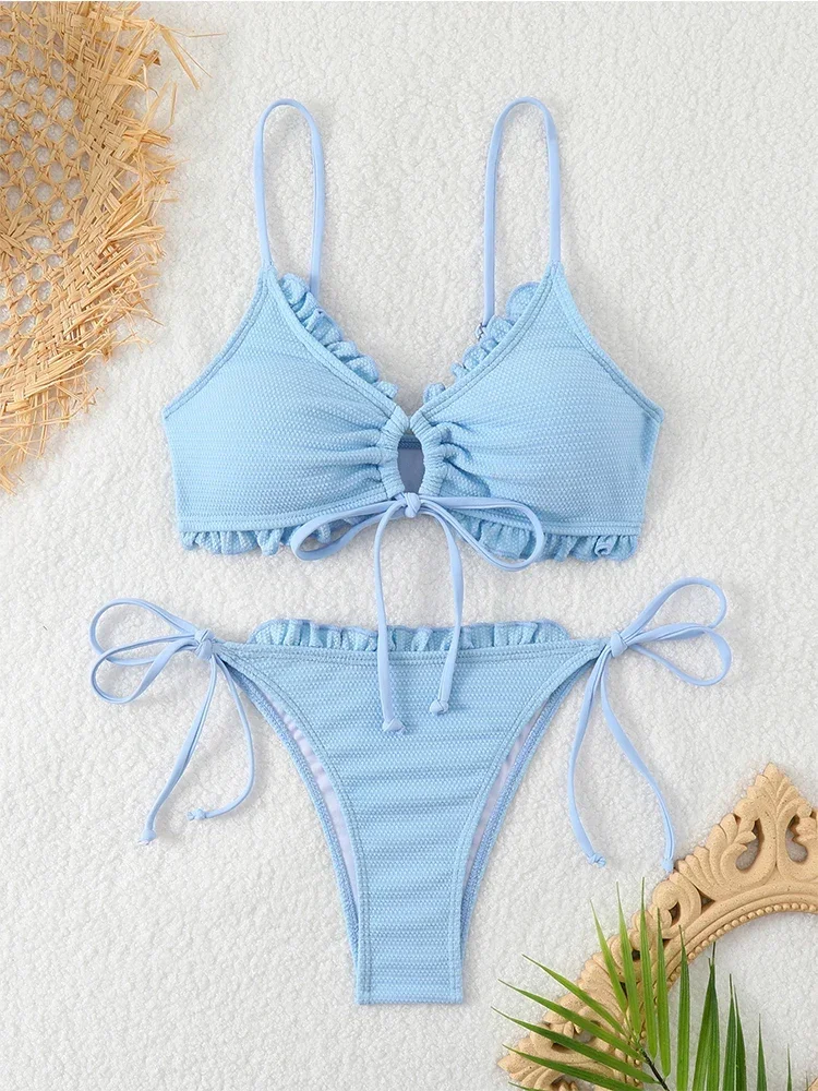 2024 Dames Badpakken Spaghetti Band Bikini Set Lace Up Badpak Gewatteerde Bikini Tops Tie Side Bottom Effen Kleur Badpakken