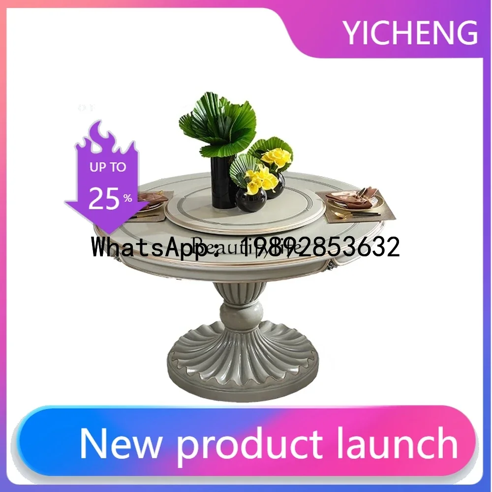 CZ  French light luxury solid wood round dining table turntable household high-end European dining table