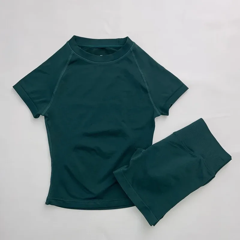 Conjunto curto de sutiã traseiro de impacto feminino ginásio yoga treino fitness ativo wear manga curta camiseta shorts conjuntos