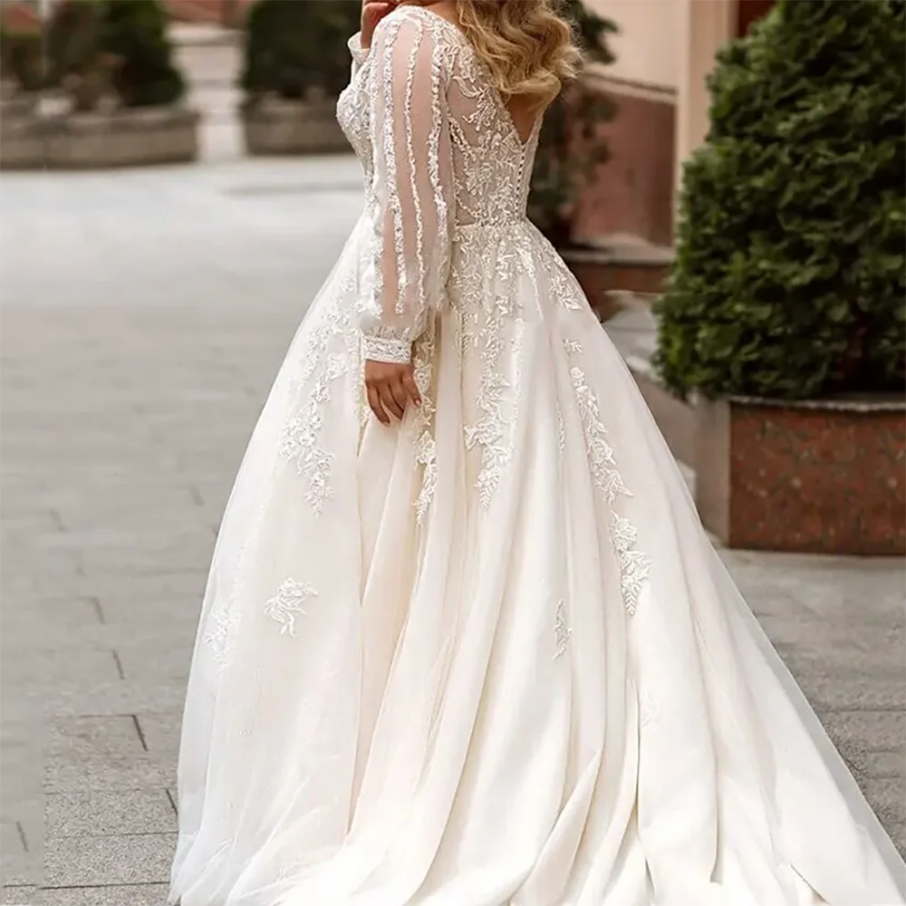 Abiti da sposa eleganti da sposa a trapezio con maniche lunghe in tulle di pizzo con scollo a V personalizzati
