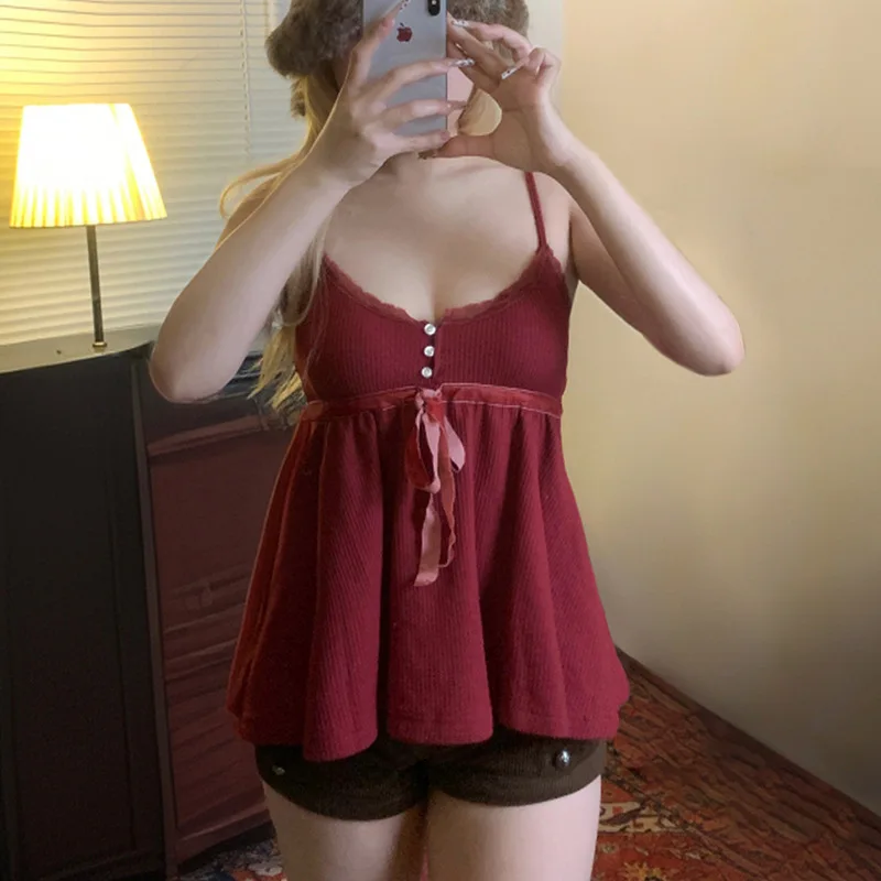 

Waffle Red Square Collar Doll Skirt 2024 New Product Sexy V-Neck Strap Show Chest Loose Top