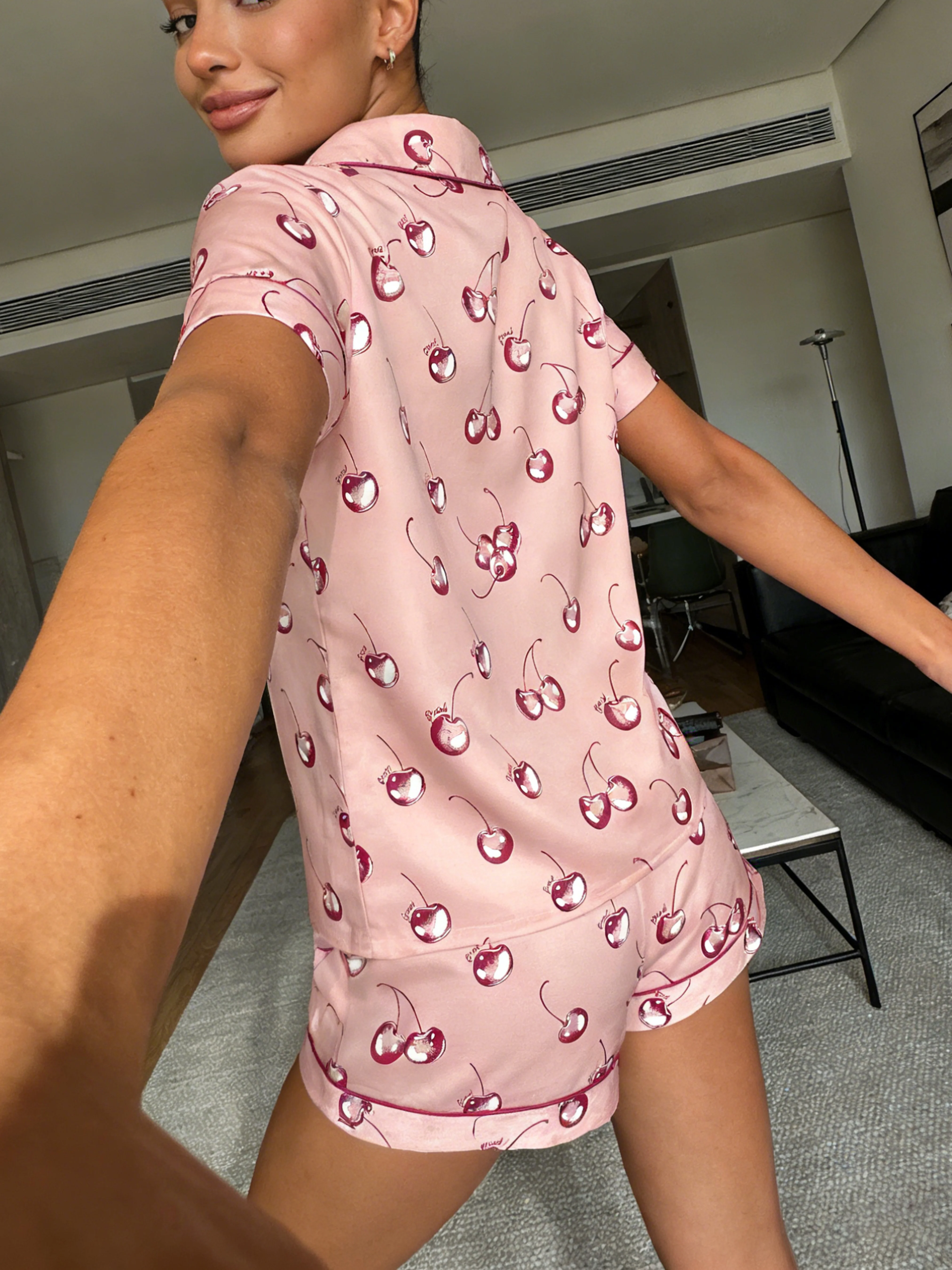 Women Pajamas Cardigan Lapel Short Sleeve Shorts Two Piece Set Loungewear Spring Summer Sweet Pink Cherry Print Loose Comfortabl