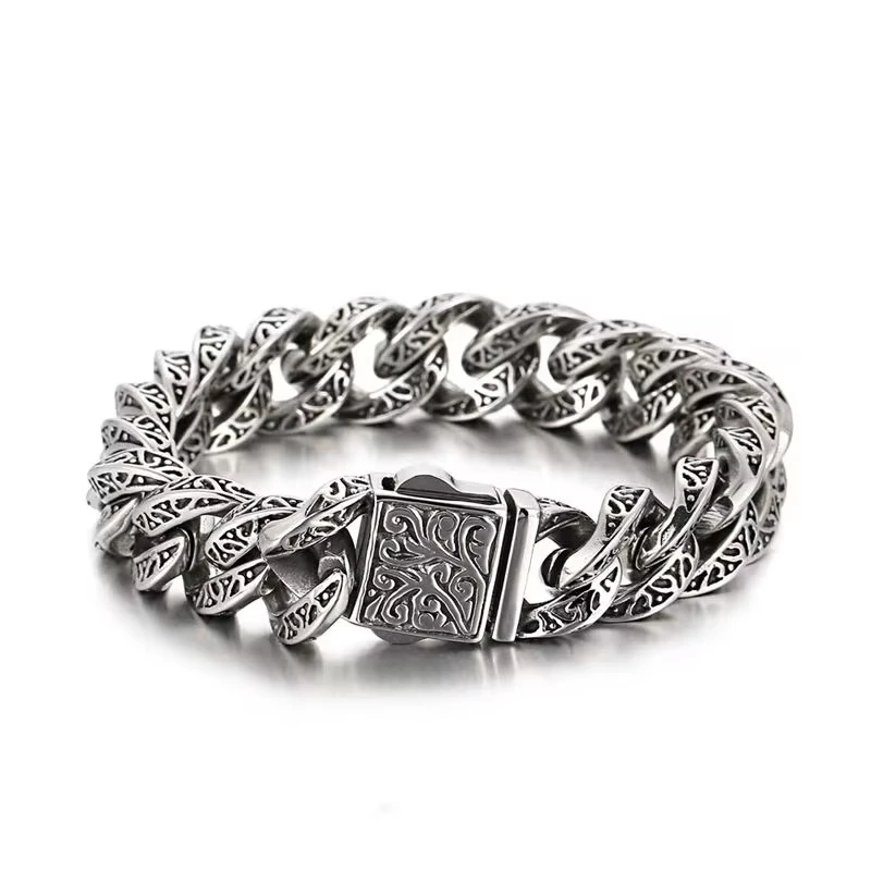 Vintage Sculpture Cuban Cuff Bracelet Stainless Steel Custom Charms Curb Link Chain Men Bracelets