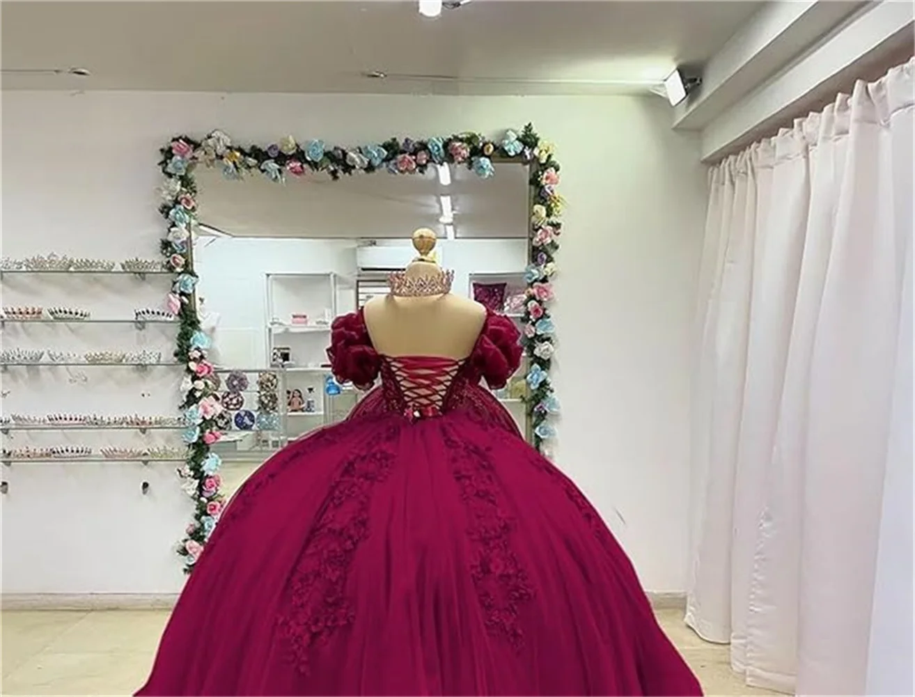تخصيص كشكش قبالة الكتف فساتين Quinceanera تول ثلاثية الأبعاد زهرة مشد الكرة ثوب بريق مطرز فراشة الحلو 15 16 فساتين #2