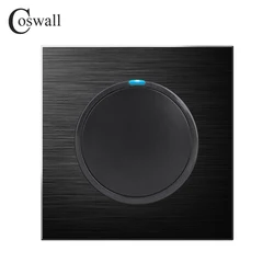 Coswall 1 Gang 1 Way Random Click On / Off Wall Light Switch With LED Indicator Black / Silver Grey Brushed Aluminum Metal Panel
