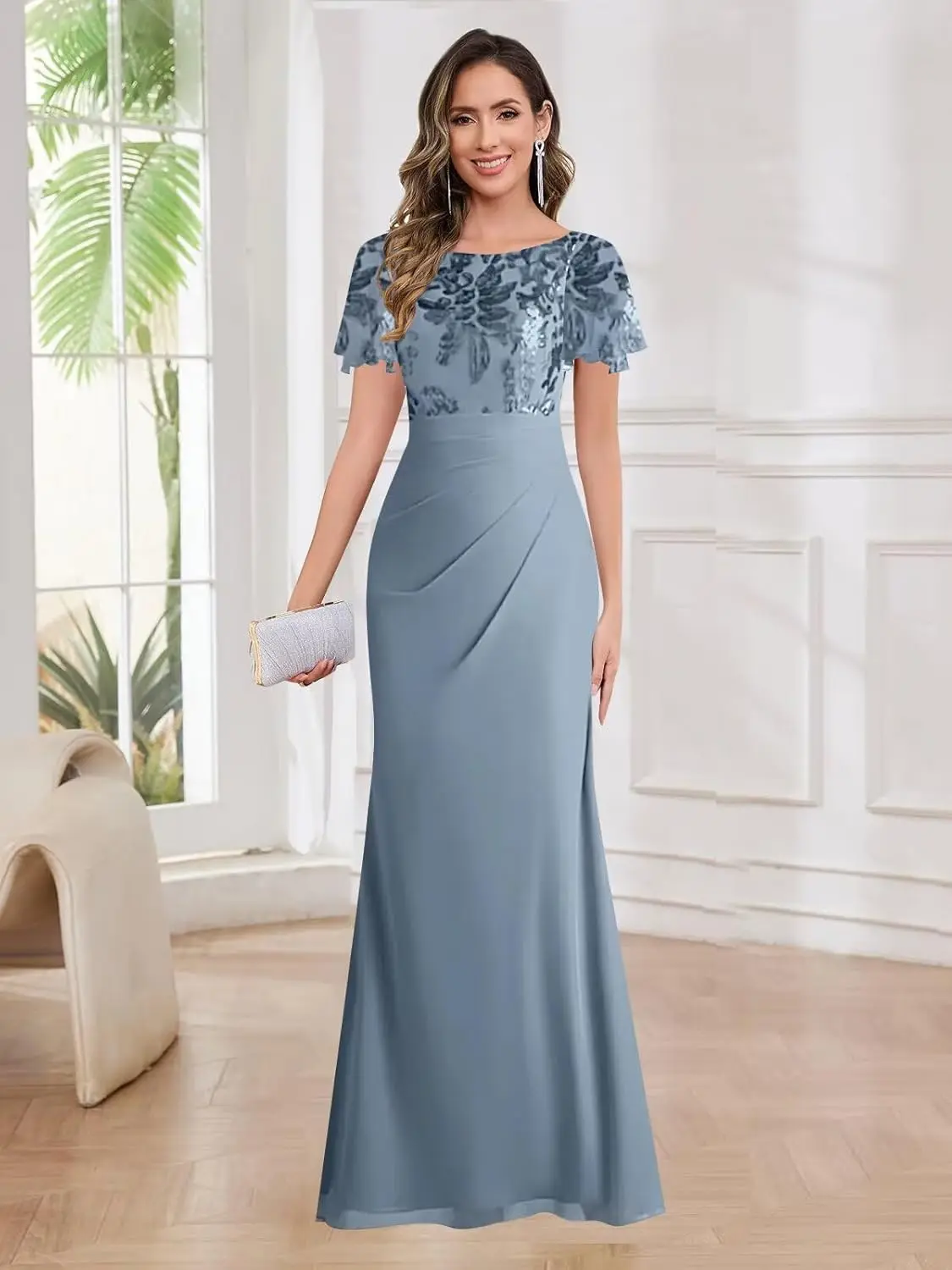 Formal Mermaid Mother of The Bride Dresses for Women with Sleeves Floral Sequin Chiffon Evening Dress