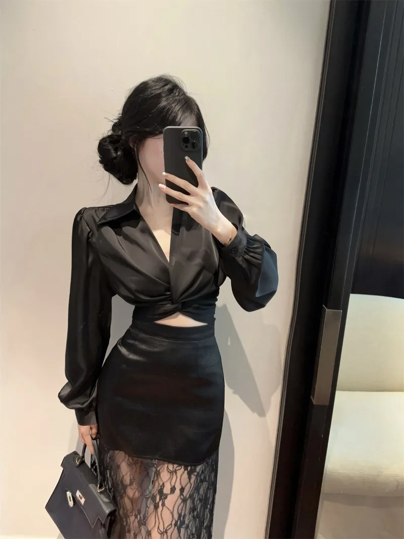 

Sweet Hot Girl Suit Women's Autumn Bubble Sleeves Long-sleeved Satin Shirt High Waist Lace Long Skirt Fashion Two-piece Set