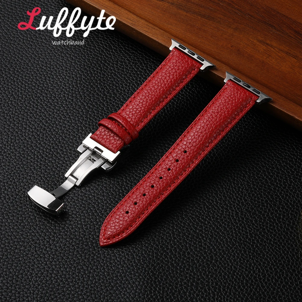 Damen-Armband aus Leder mit Lychee-Textur für Apple Watch Serie 1-11 Ultra SE, Uhrenarmband mit Schmetterlingsschnalle für iWatch 38-49 mm