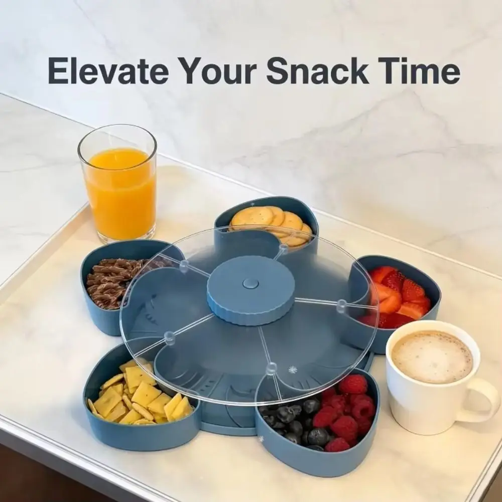 5 Grid Rotating Fruit Bowl Large Capacity Snack Serving Tray with Lid Portable Nut Container for Outdoor Picnic & Living Room