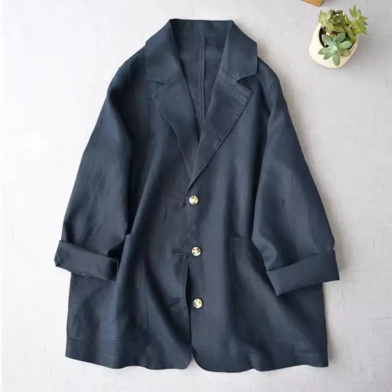 Comfortable Linen Suit Thin Jacket For Women\'s Spring Summer New Loose Fitting Clothing Simple Casual Versatile Blazer Top K1162