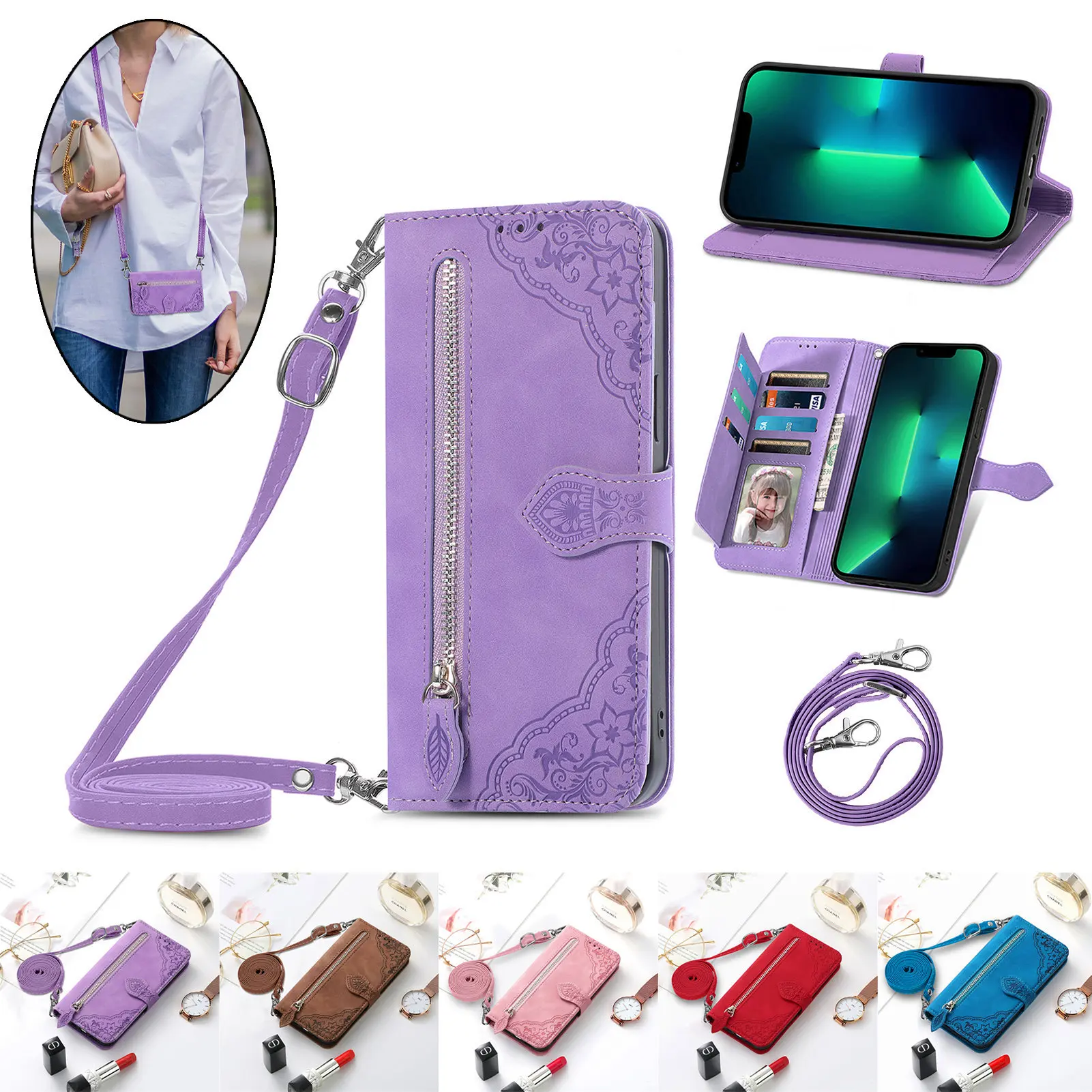 Zipper Crossbody Leather Wallet Funda Cover for iPhone 18 17 16E 16 15 14 11 12 13 Pro Max 16 Plus Shockproof Flip Phone Case