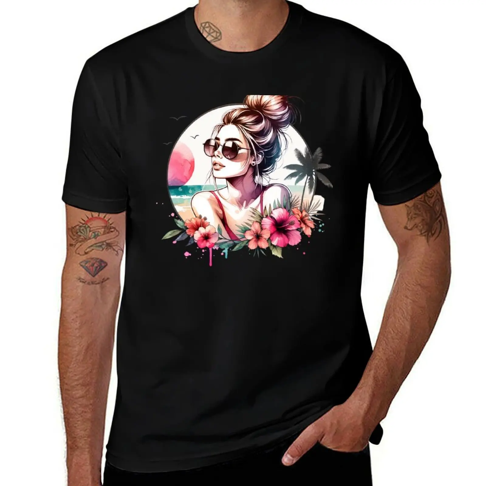 Messy Bun Babe on Beach - Red T-Shirt Daily Work Short Sleeve Top T-Shirt