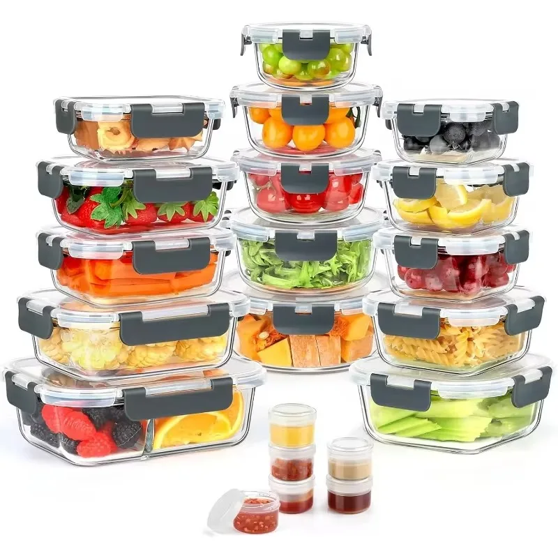 

42pcs Glass Food Storage Containers with Lids Set, 21 Containers & 21 Lids Include One 2 Compartments Glass Meal