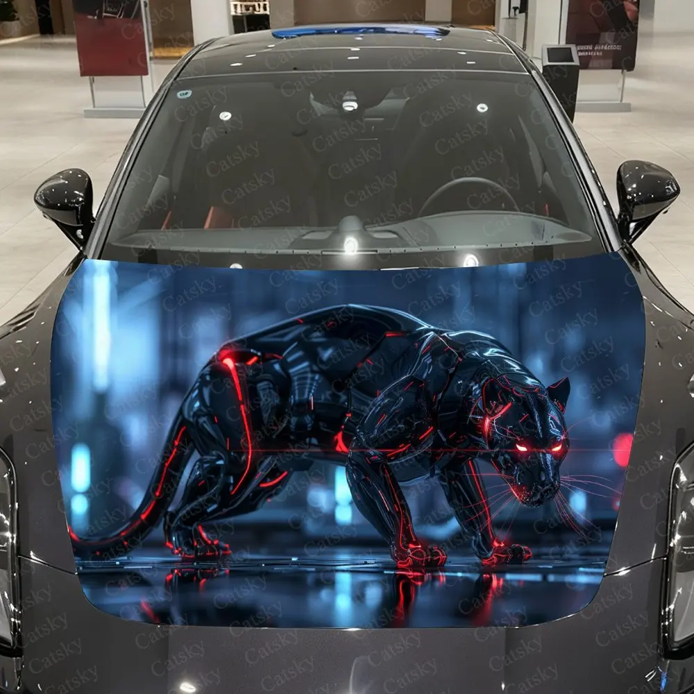 

Red Glow Mechanical Panther Urban Night Scene Car Vinyl Wrap, PVC Material Waterproof Car Hood Sticker, Self-Adhesive Scratch-Re