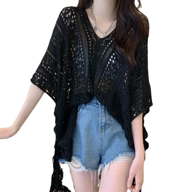 Korejepo Korean Reducing Age Top Slimming Fashionable Cut Out Knit Shirt Women Summer T-shirt Versatile Cover Up Clothes