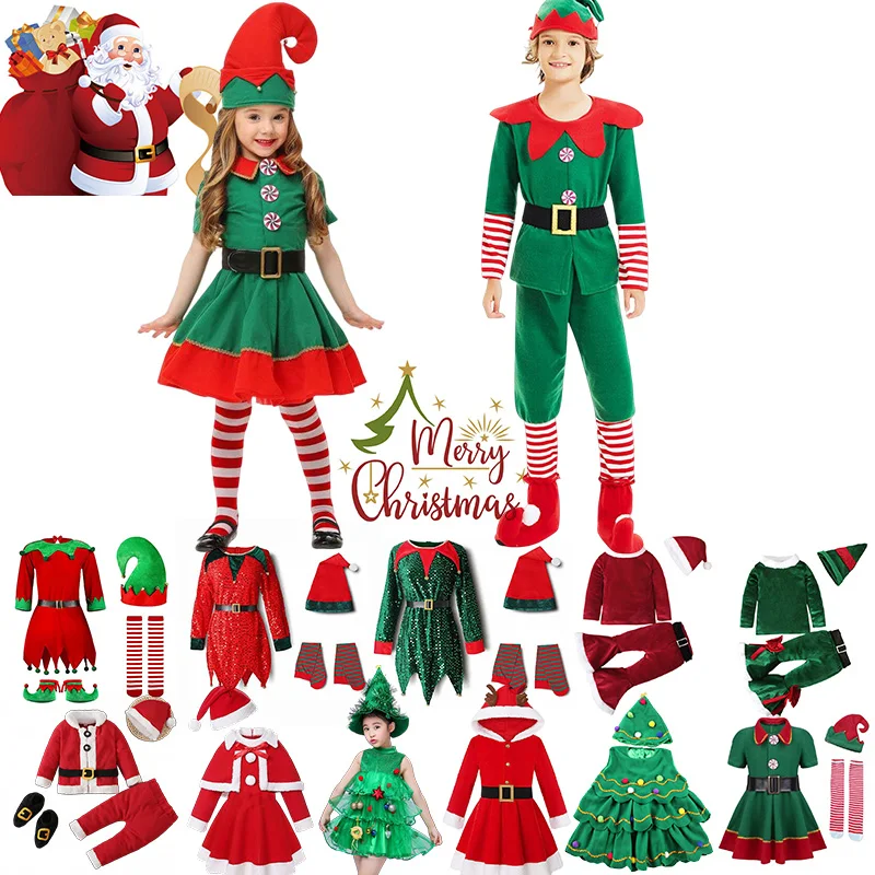 3PCS Christmas Season Fairy Elf Cosplay Dress Girls and Boy New Year Party Suit 4 Pieces Santa Claus Kid St Nicholas Day Costume