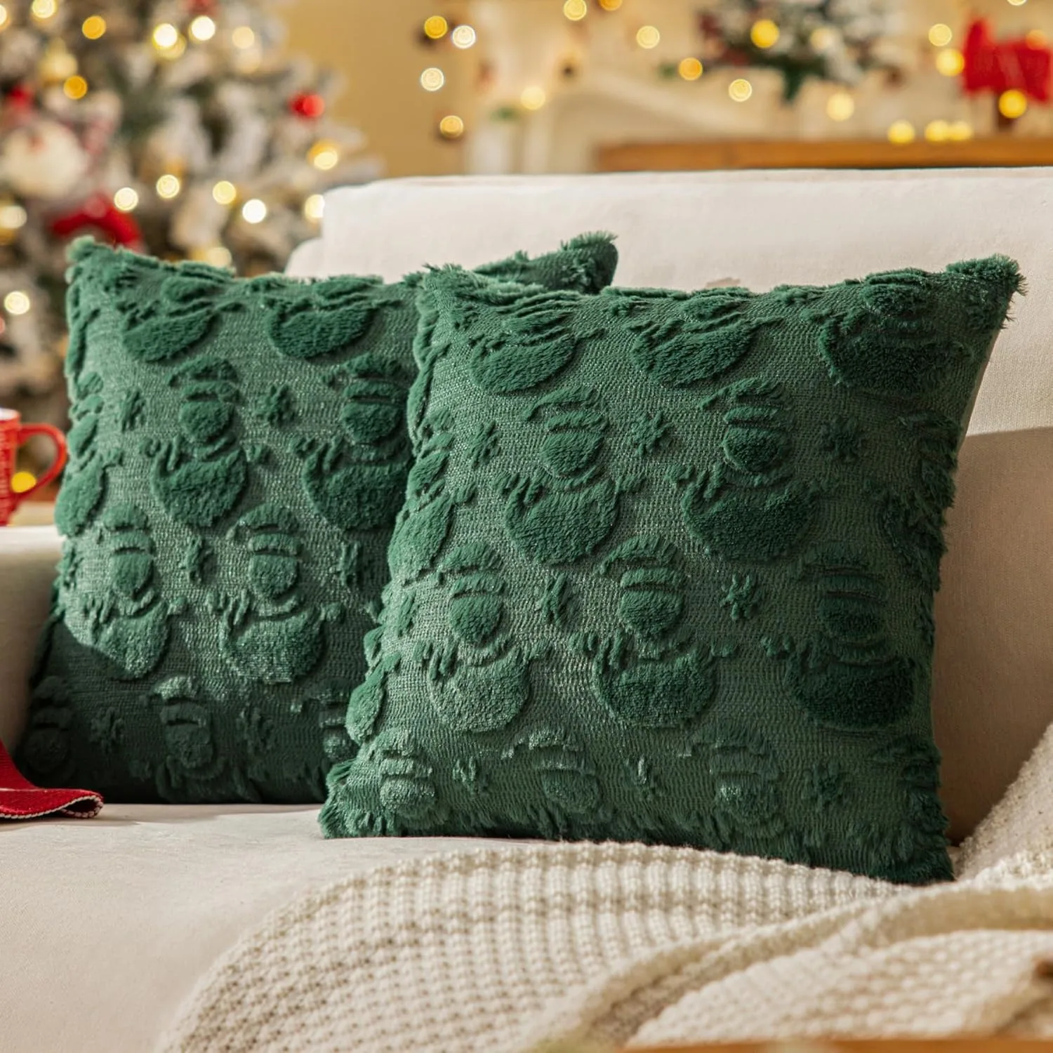 Christmas Green Snowman Throw Pillow Covers 18x18 Inch, Soft Faux Fur Xmas Cushion cover for Couch Sofa Holiday Winter Decor