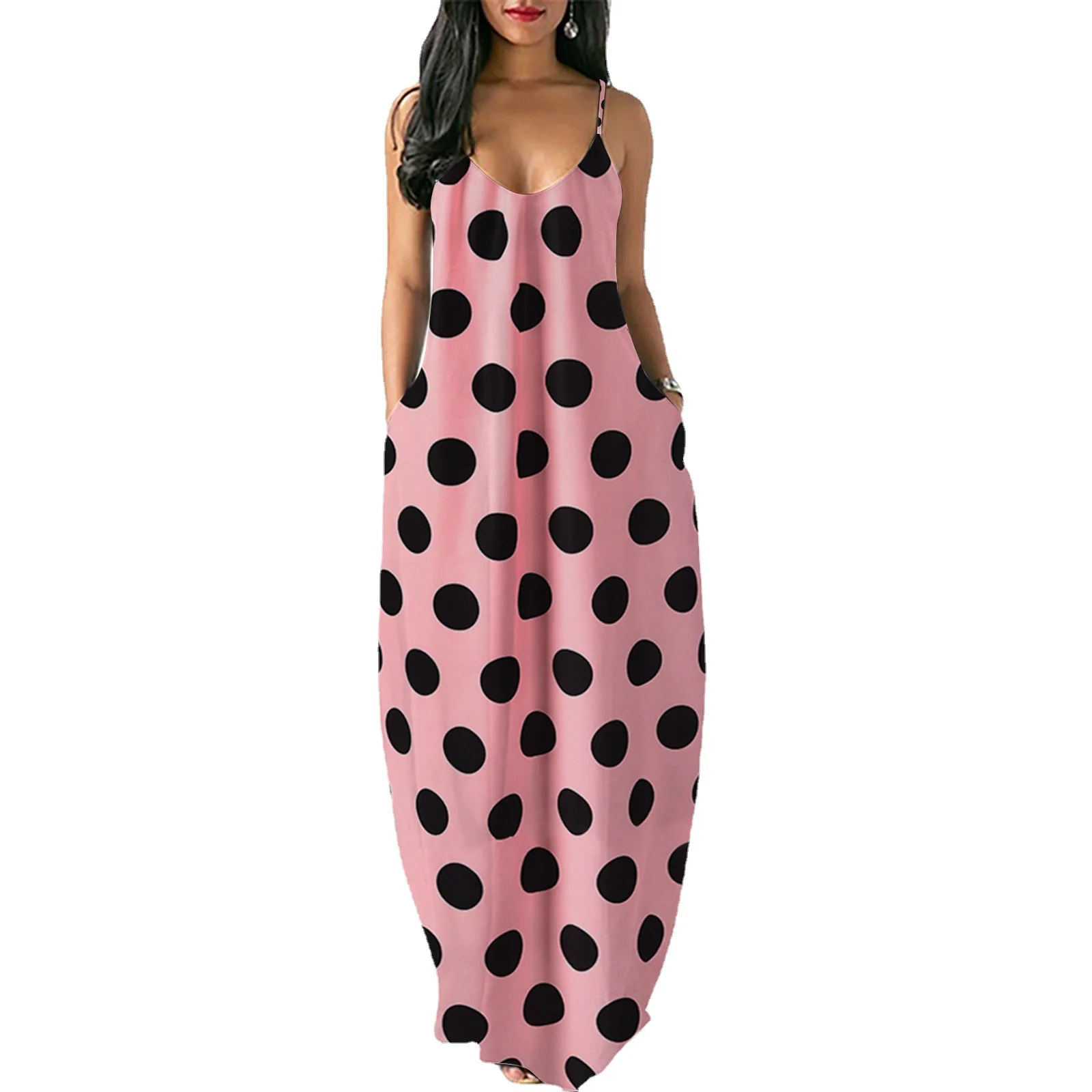 

Women's Casual Comfortable Loose Home Minimalist Summer Plus Size Digital Print Polka Dot Deep V-neck Suspender Princess Dress