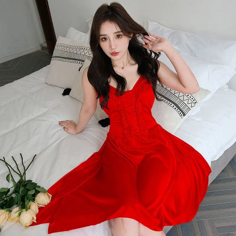 

Women Spring Summer Pajamas Ice Silk Halter Nightdress Large Size Lace Sleepwear Thin Mid-length Pyjamas Solid Color Bow Nighty