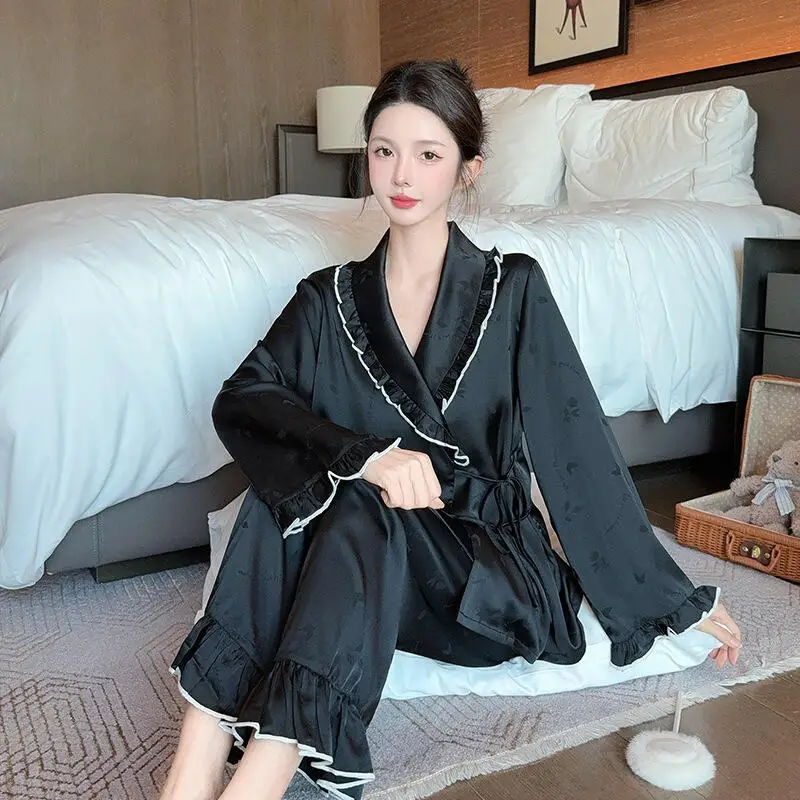 Women's New French Trousers Long-Sleeved Pajamas Set Women's Lazy Style Lapel Cardigan Home Wear Girl's Fashion Two-Piece Set