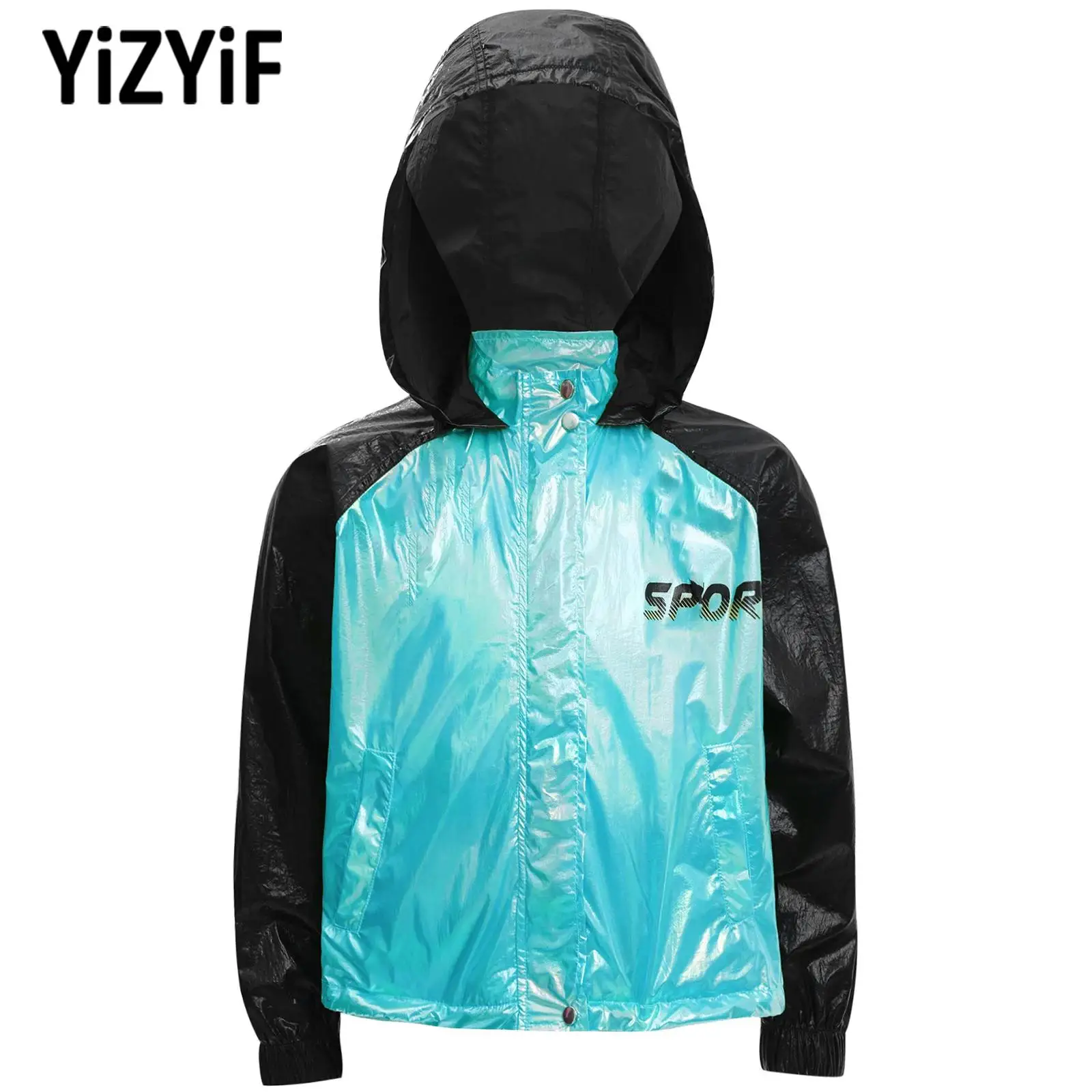 

Children Girls Metallic Glossy Lightweight Jacket Long Sleeve Zipper Hooded Sweatshirt Outerwear for Casual Sports Skateboarding