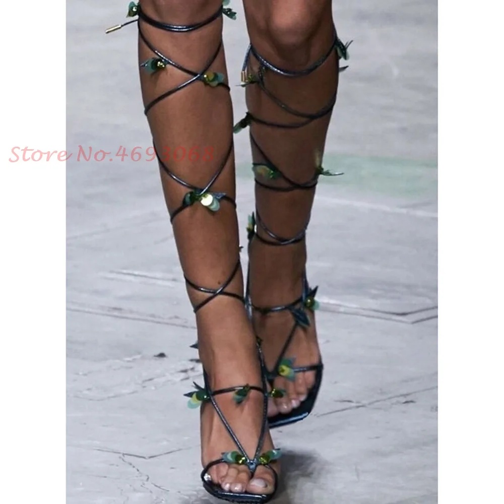 

Green Leaves Cross-tied High Sandals Women Sexy Puttee Knee High Sandals Summer Casual Party Open Heel Elegant Fairy Sandals