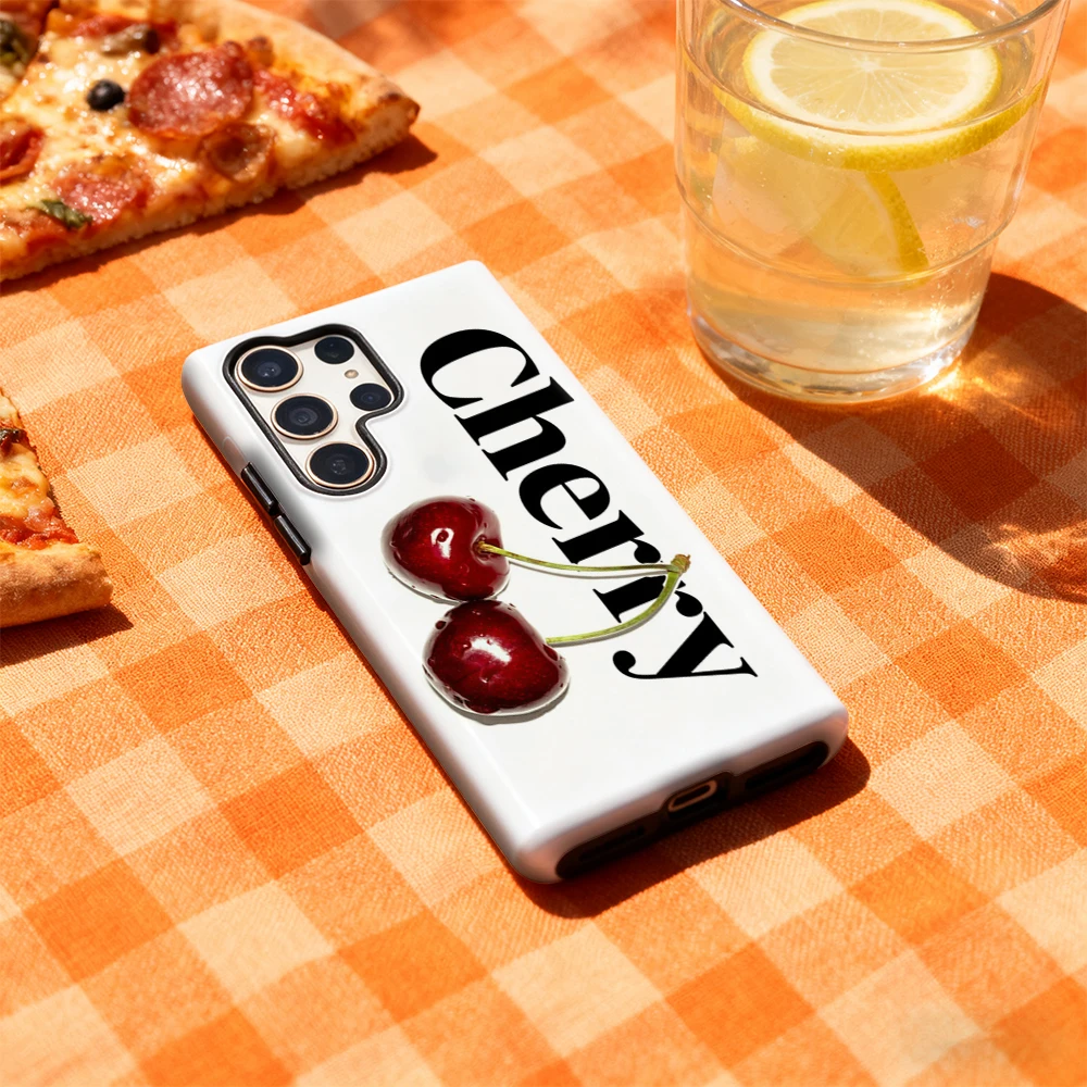 Fresh Cherry Pop Handyhülle für Samsung Galaxy S25 Ultra S24 S23 Ultra Plus, glänzende doppellagige Rückseite