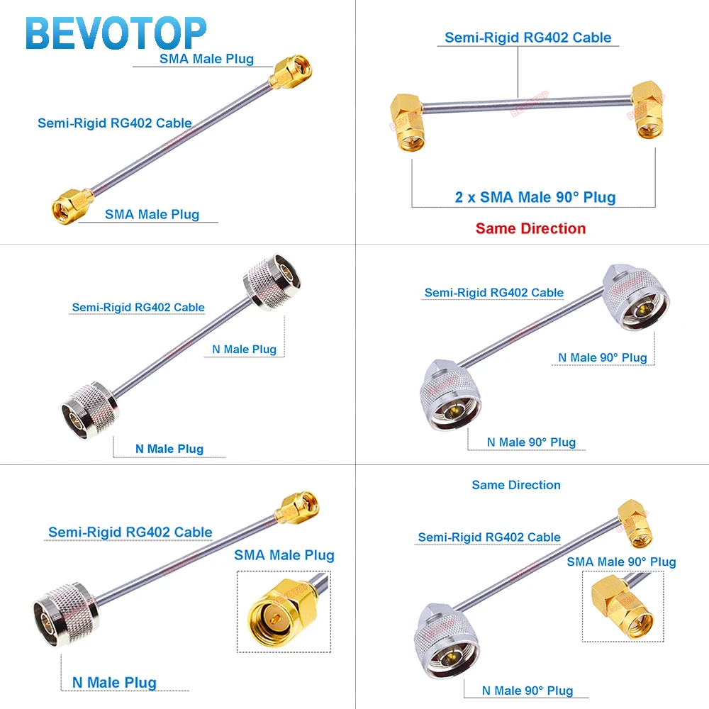 6/18GHz Semi-Rigid 141 Cable SMA /N Male/Male 90 High Quality High Frequency Low Loss Cable RF Coaxial Pigtail Jumper BEVOTOP