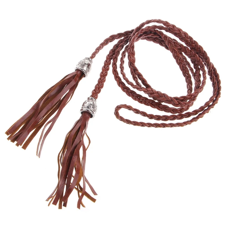 

Ladies Women Braided Belt PU Leather Tassel Self-Tie Thin Waist Rope Belt