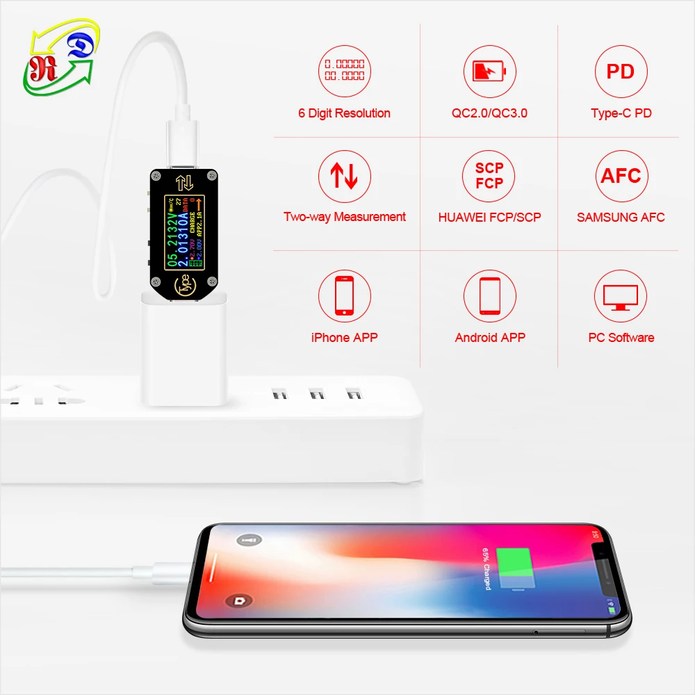 電圧計Tc66c,USB,iOS,Android,type-c,pd,電圧計,2ウェイ,電流計,容量バッテリーテスター用