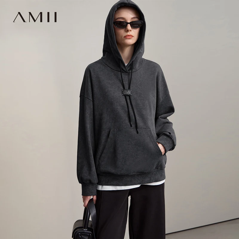 AMII Hoodies Woman 2025 Autumn New Hooded Loose Woman Sweatshirts Cotton Knitted Shoulder Sleeves Versatile Top Female 12543107