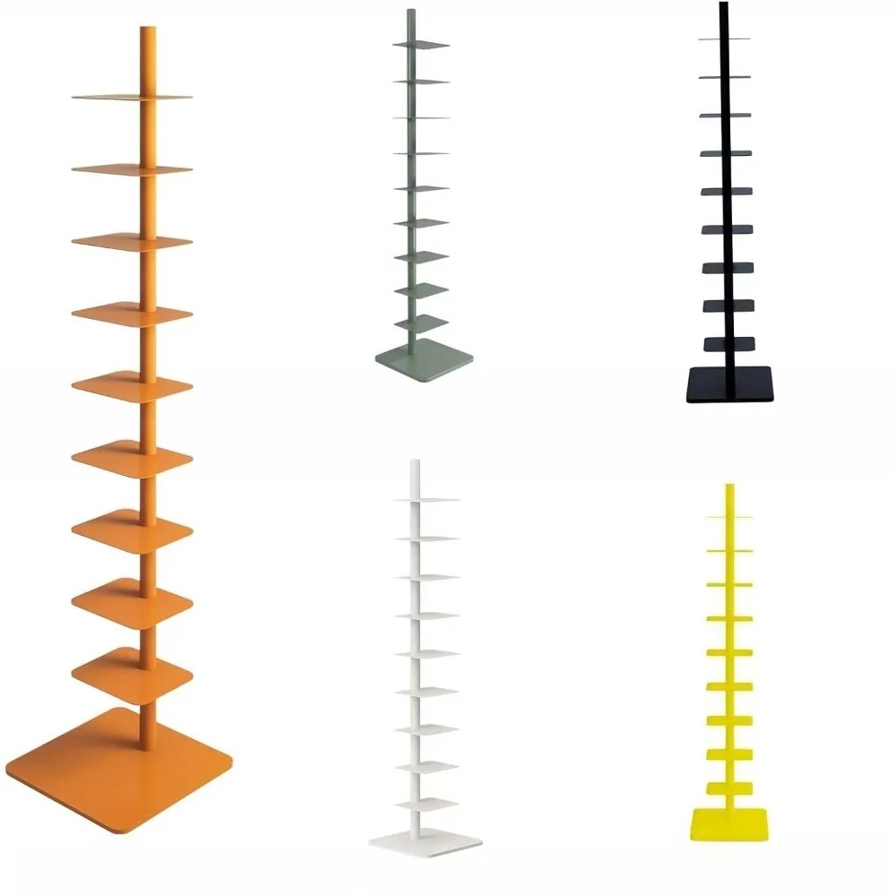 خزانة كتب معدنية عمودية مكونة من 9 طبقات بتصميم دوار للمساحات الضيقة الطويلة، رف كتب سلم داخلي باللون البرتقالي #1