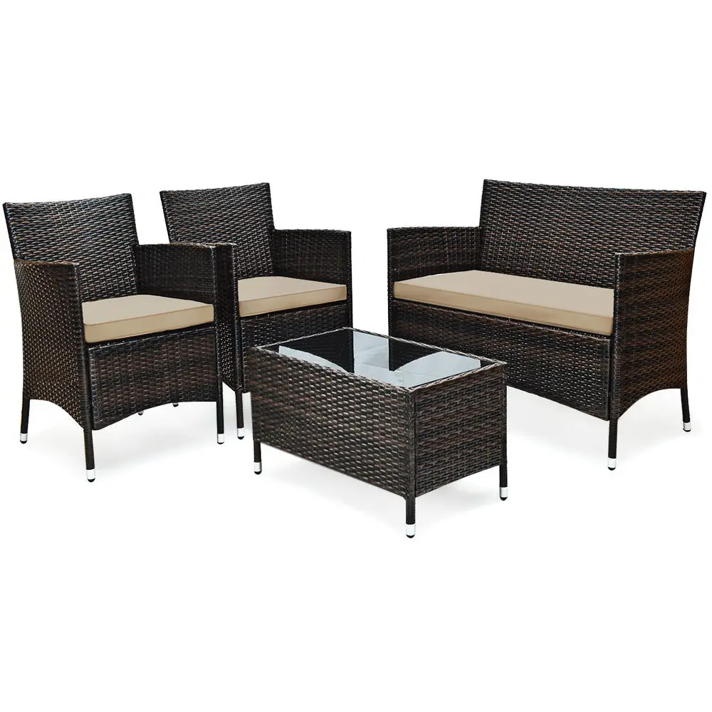 4 Pieces Rattan Patio Furniture Set Cushioned Sofa Chair Coffee Table for Garden