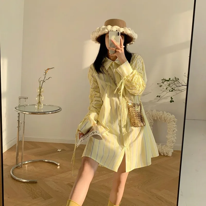 2023 Spring and Autumn Women Pleated Sleeve Salt Striped Skirt Casual Sweet Mid-length Oversized T-shirt Y2k Aesthetic 90s Dress