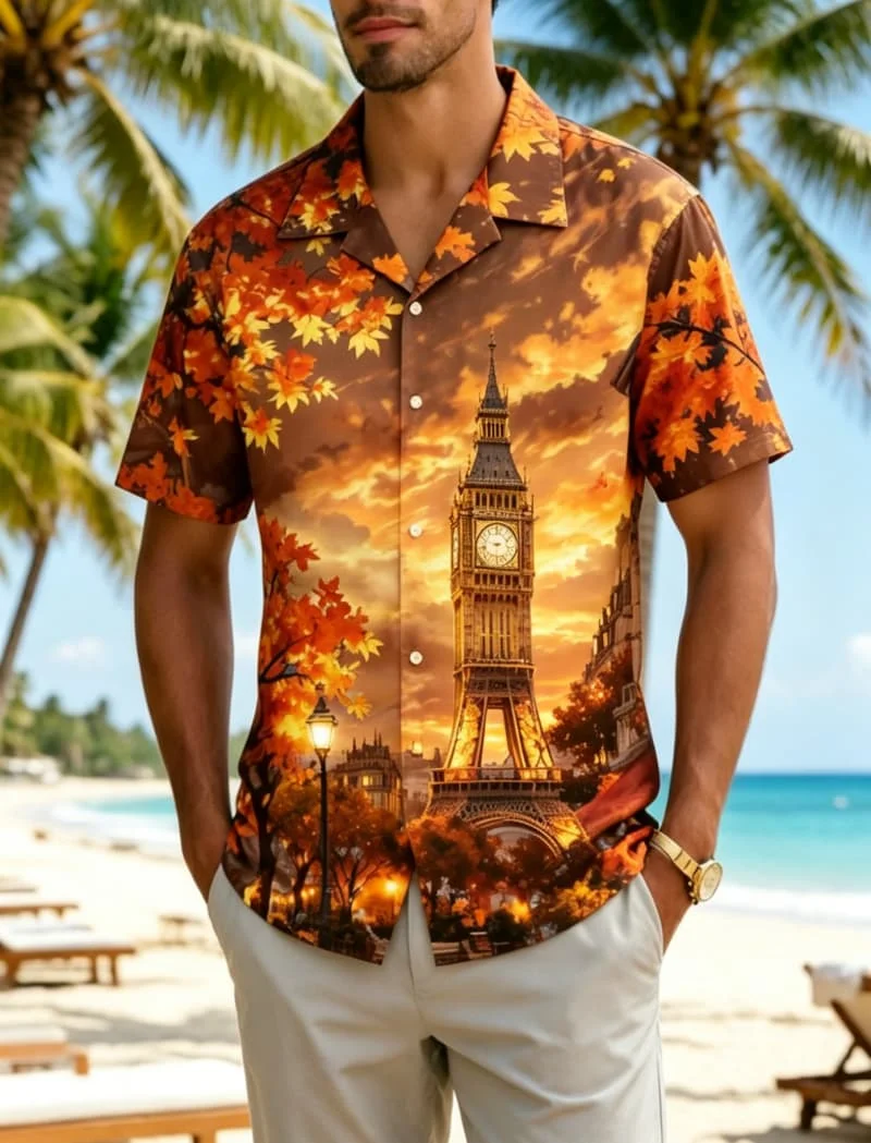 Men's World Landmark Landscape Printed Hawaiian Shirt, for Summer Vacation, Beach Parties, Daily Dressing, and Music Festivals
