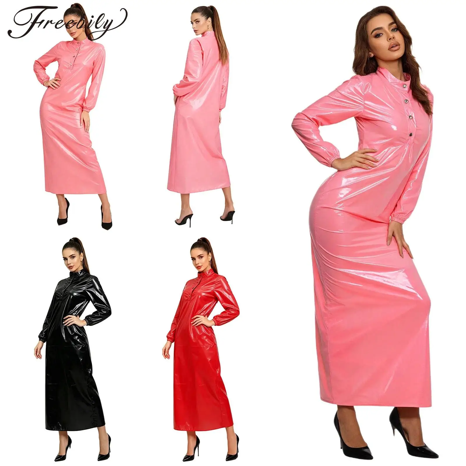 Women Long Sleeve Waterproof Sleep Dress Stand Collar Button Placket Glossy Vinyl Cover Up Dress Swimwear Rave Clubwear