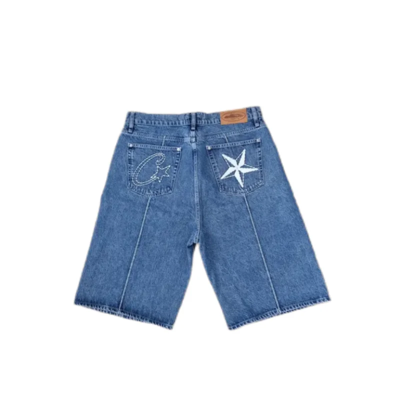 2024 Sommer schwarz bestickte fünfzackige Stern Denim Shorts amerikanische Herren Straße lose Harajuku lässig y2k Fünf-Punkt-Hose