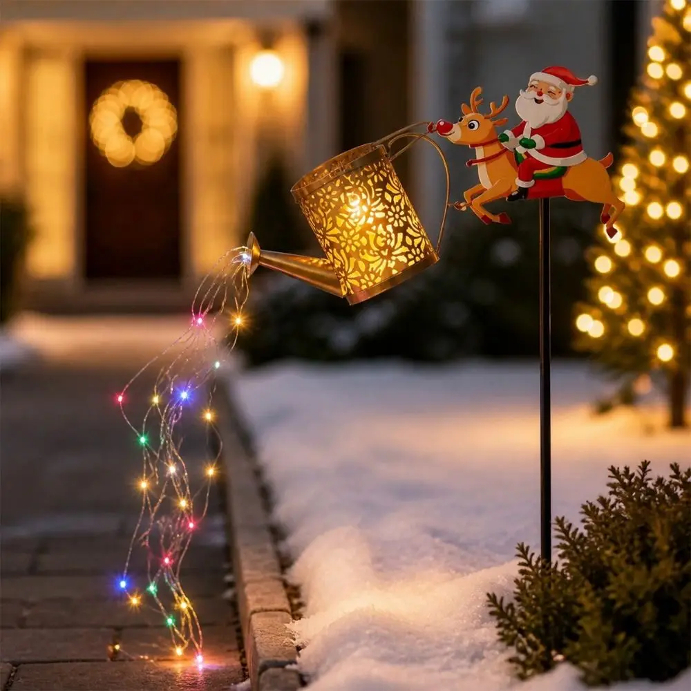 Solar Powered Christmas Santa Solar Kettle Light Waterproof LED Light Santa Claus Watering Can Light Elk Decorative Design