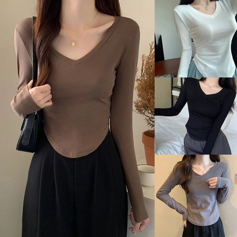 For Women Long Sleeve T Shirt with Irregular Design Sense Casual Short Top for Autumn and Winter Comfortable Stretch Fabric